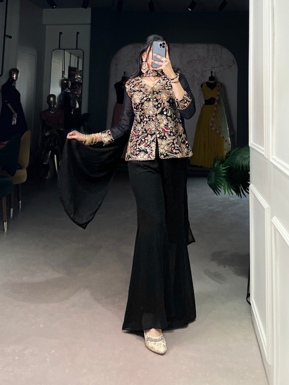 Black Georgette Embroidered Co-Ord Set with Dupatta Sequins & Thread Work