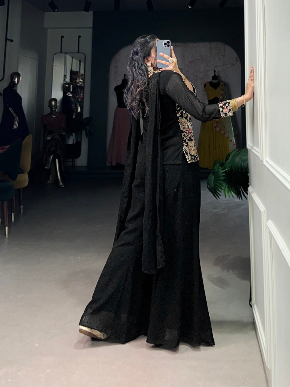 Black Georgette Embroidered Co-Ord Set with Dupatta Sequins & Thread Work