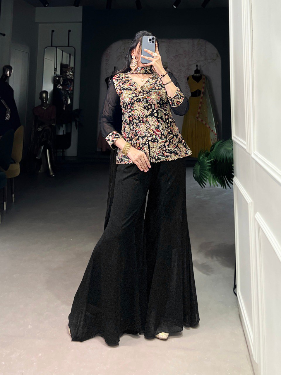 Black Georgette Embroidered Co-Ord Set with Dupatta Sequins & Thread Work