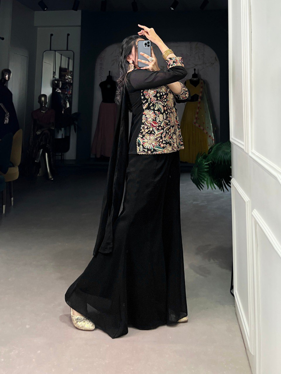 Black Georgette Embroidered Co-Ord Set with Dupatta Sequins & Thread Work