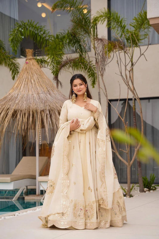 Elegant Chinon Silk Designer Gown Set with Coding & Sequin Work Party & Festive Wear