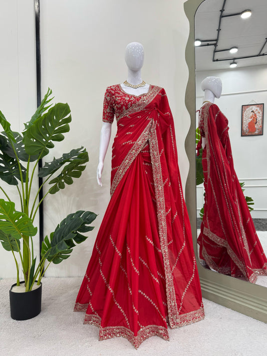 Elegant Chinon Silk Saree with Thread & Sequin Work Designer Party Wear Saree with Matching Embroidered Blouse